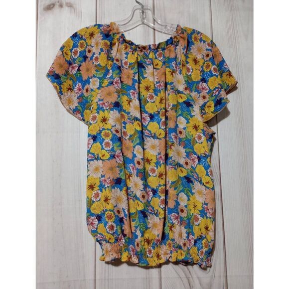 Status by Chenault Shirt Ladies Large Blue Yellow Floral Flutter Sleeve Light We - Picture 2 of 8